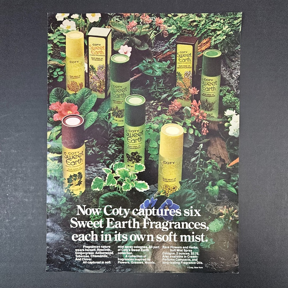1974 Coty Sweet Earth Frangrances Vintage Print Ad Hyacinth Gingergrass Clover